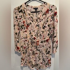 Hilary Radley Floral tunic blouse 3/4 sleeve cinched waist flowy boho crinkled S